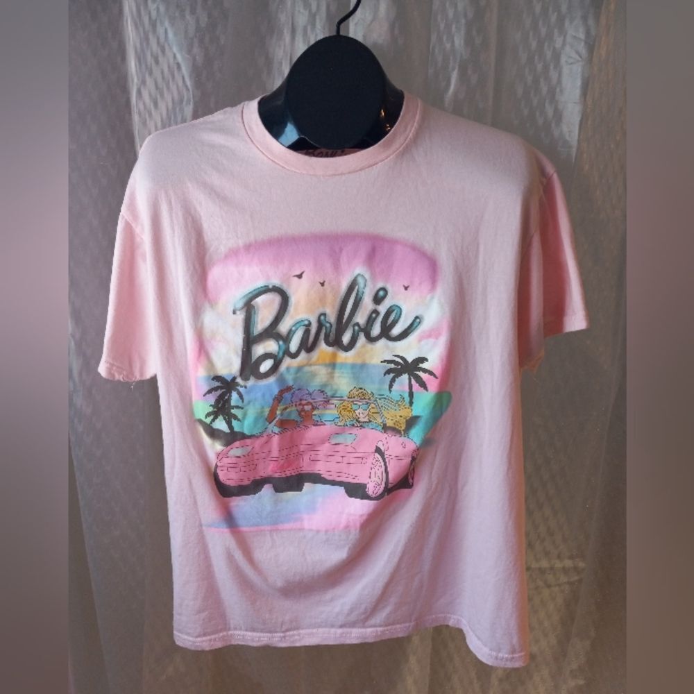 Barbie Women's L Pink Short Sleeve Dream Car Palm Trees Beach Tropical T-Shirt